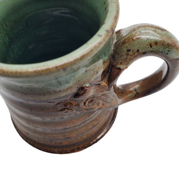 Small Pottery Espresso Cup Kline Tea Mug Spoon Holder Green Brown Studio Rustic - Picture 8 of 9